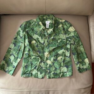 Women CALVIN KLEIN GREEN LEAVES LONGSLEEVE BUTTON UP TOP SHIRT BLOUSE szM cotton